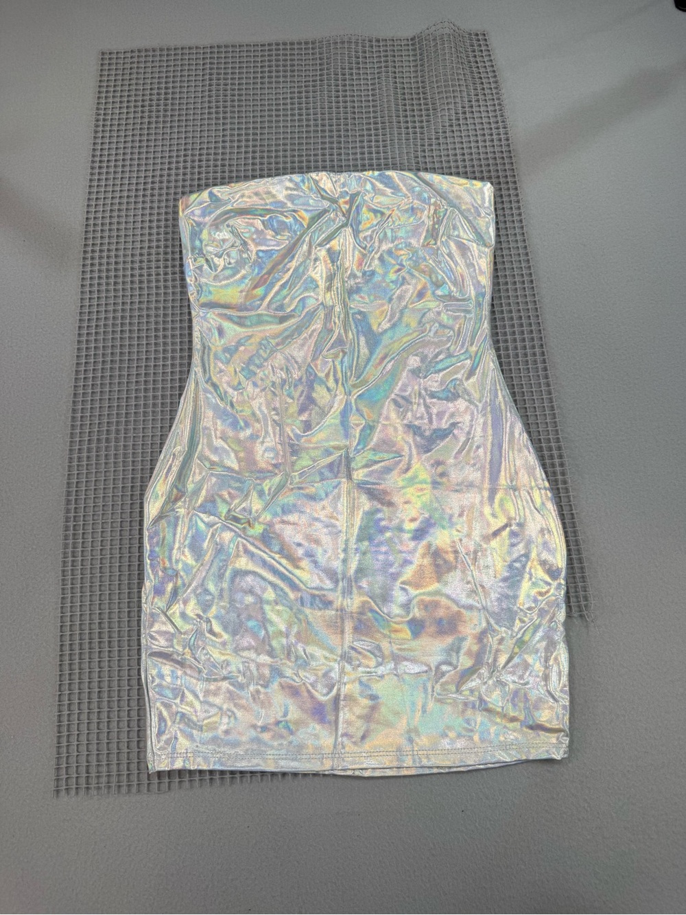 Holographic Strapless Mini Dress - Silver Iridescent